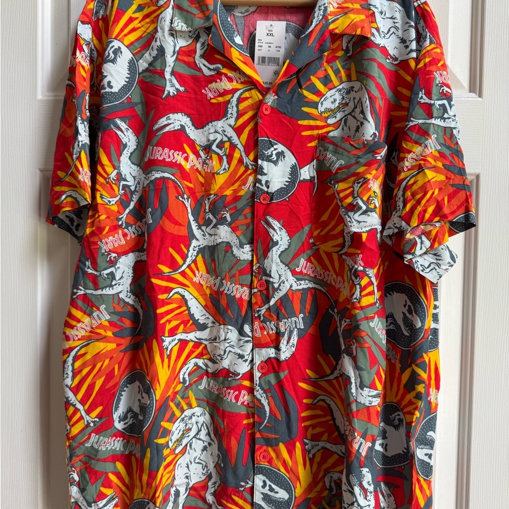 Dinosaur Adventure Red and Gray Men's Shirt XXL button down short sleeves